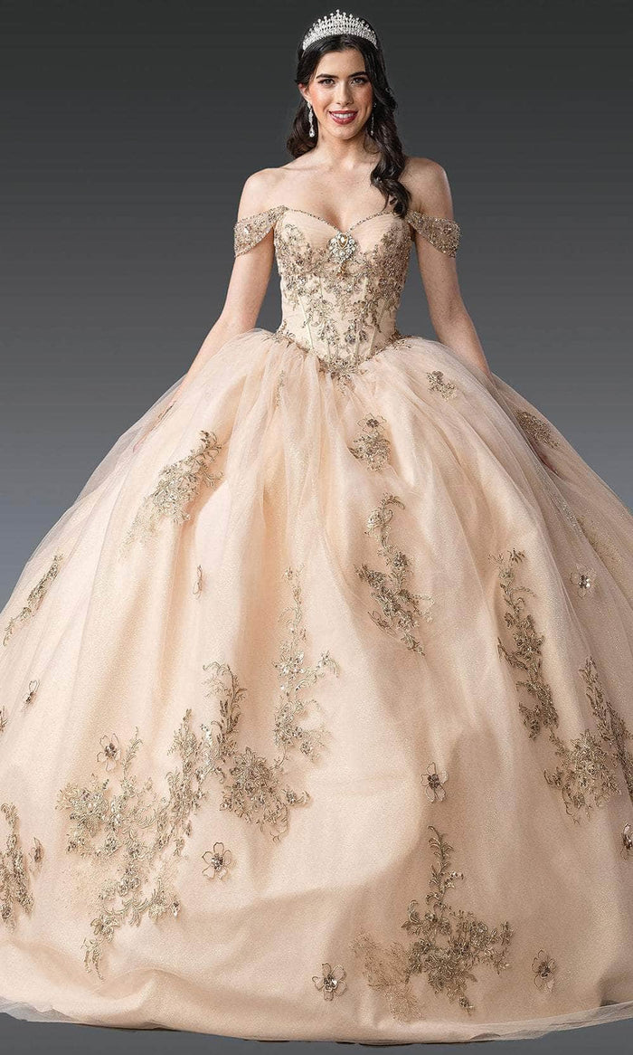Dancing Queen 1943 - Beaded Tulle Off Shoulder Ballgown Quinceanera Dresses XS / Champagne
