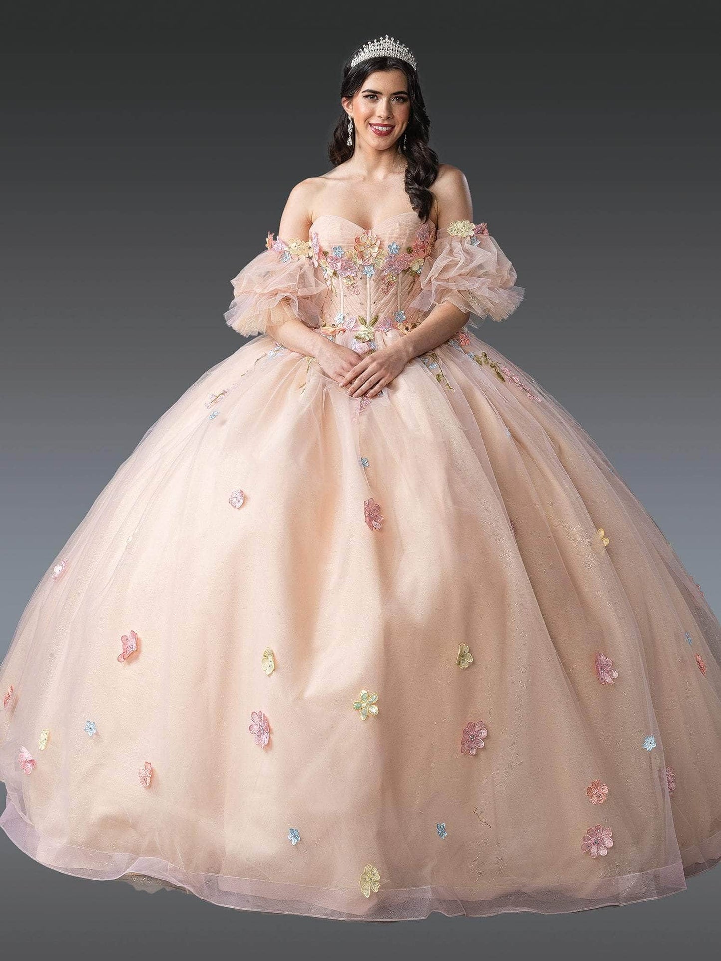 Dancing Queen 1946 - Floral Appliqued Puff Sleeve Quince Ballgown Quinceanera Dresses XS / Champagne