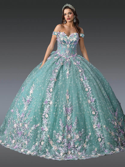 Dancing Queen 1962 - Floral Embroidered Off-Shoulder Gown Quinceanera Dresses XS / Sage/ Multi