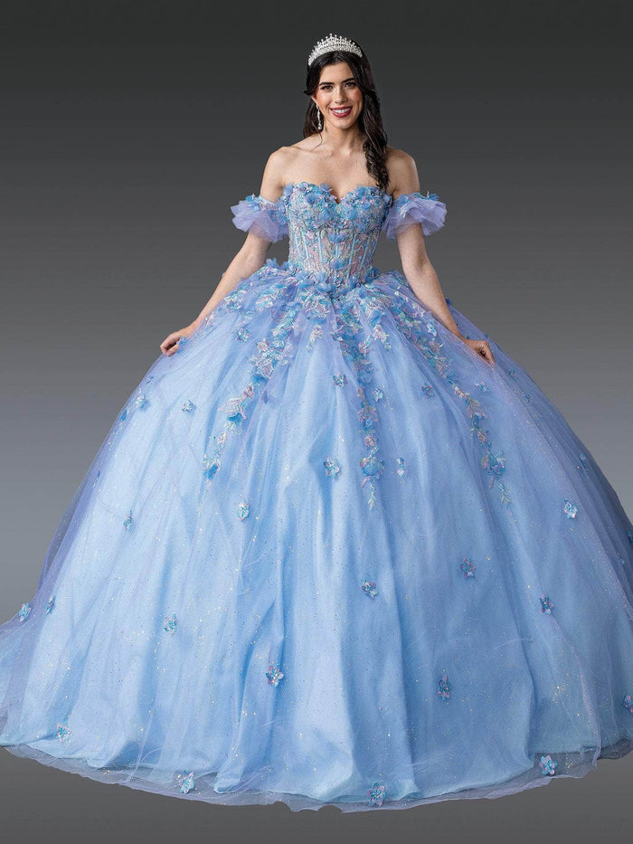 Dancing Queen 1969 - Puff Sleeve Beaded Appliqued Ballgown Quinceanera Dresses XS / Bahama Blue/Lilac