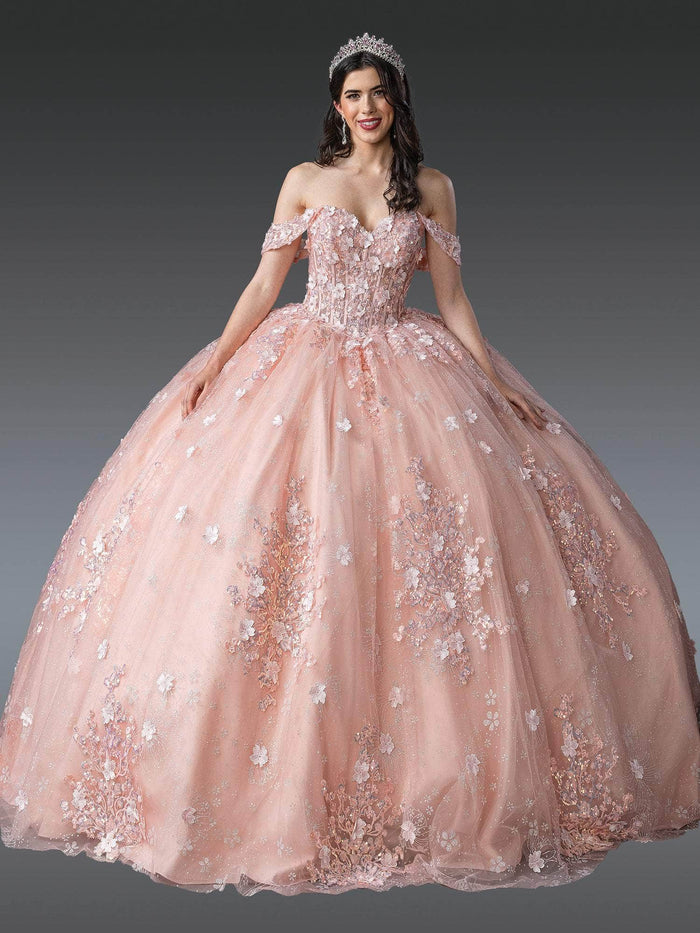 Dancing Queen 1971 - Floral Applique Glitter Tulle Ballgown Quinceanera Dresses XS / Blush
