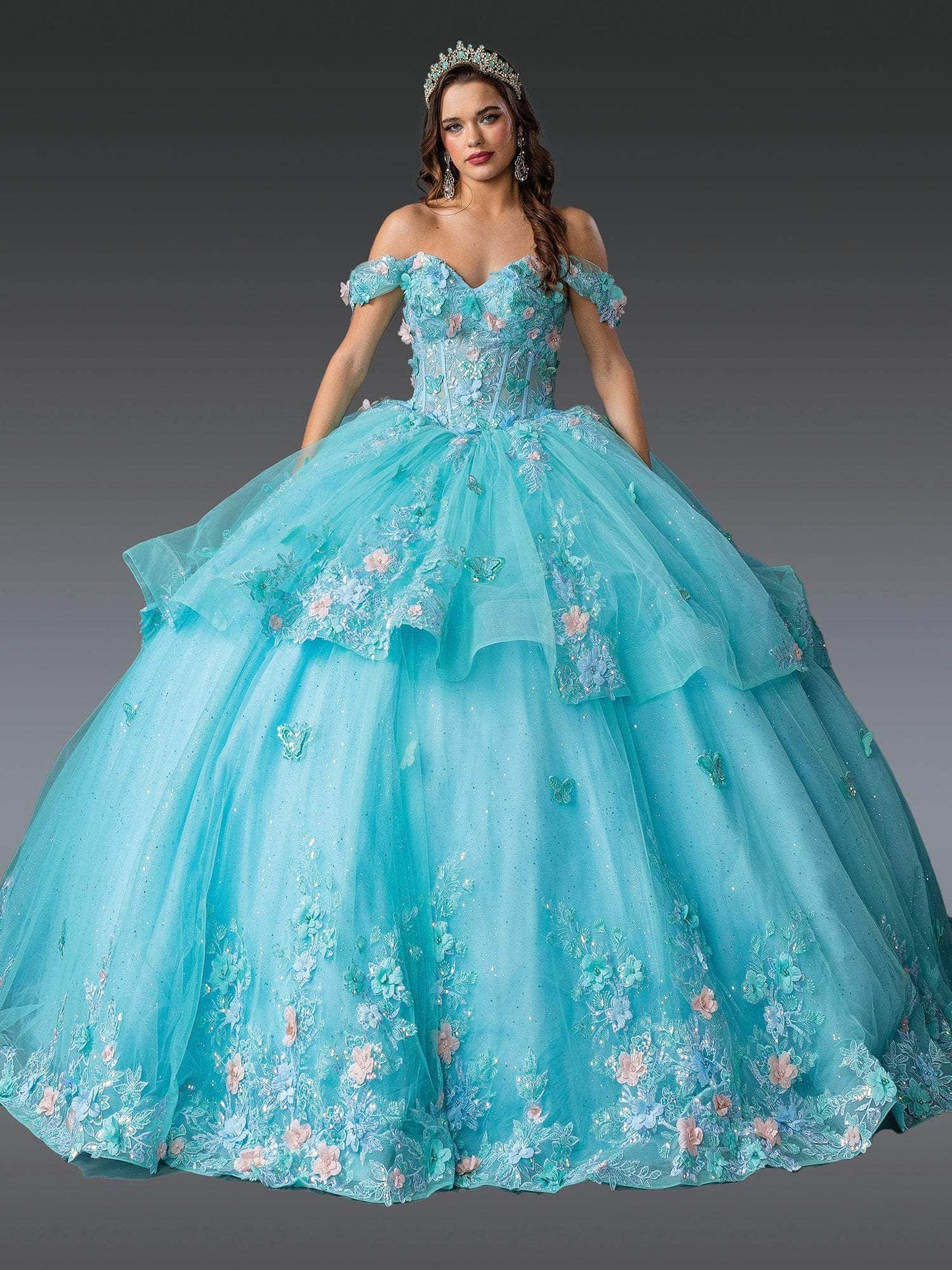 Dancing Queen 1974 - Off Shoulder Floral Tulle Ballgown Quinceanera Dresses XS / Bahamablue/Mint