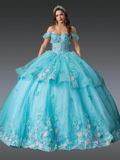 Dancing Queen 1974 - Off Shoulder Floral Tulle Ballgown Quinceanera Dresses XS / Bahamablue/Mint