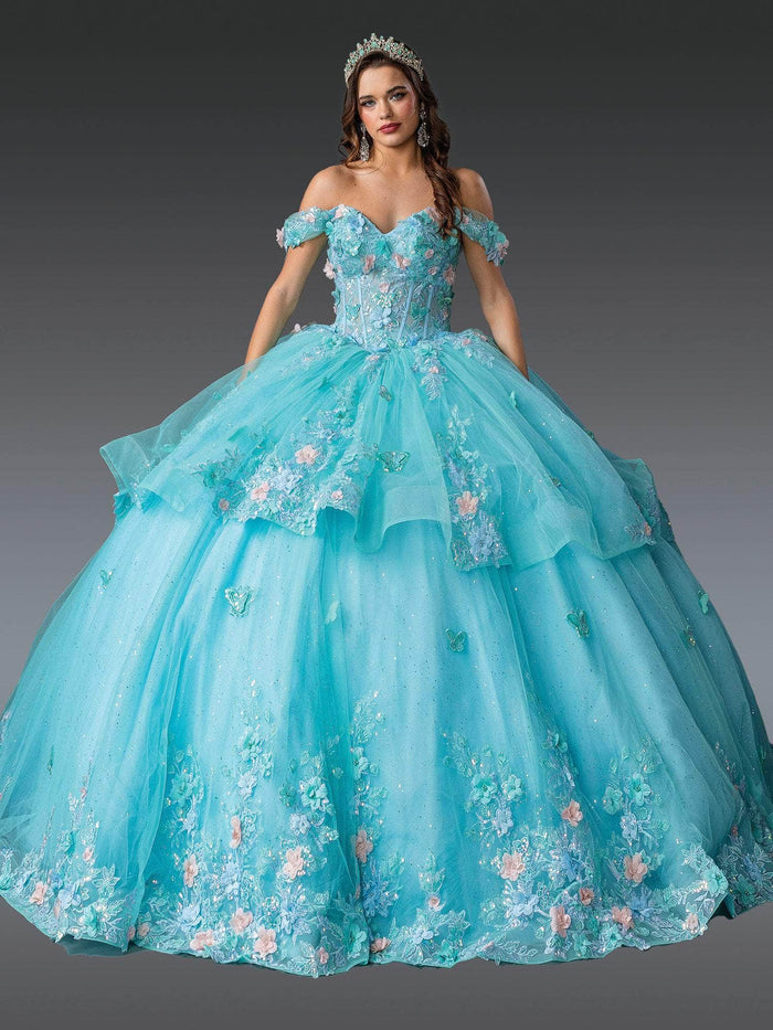 Dancing Queen 1974 - Off Shoulder Floral Tulle Ballgown Quinceanera Dresses XS / Bahamablue/Mint
