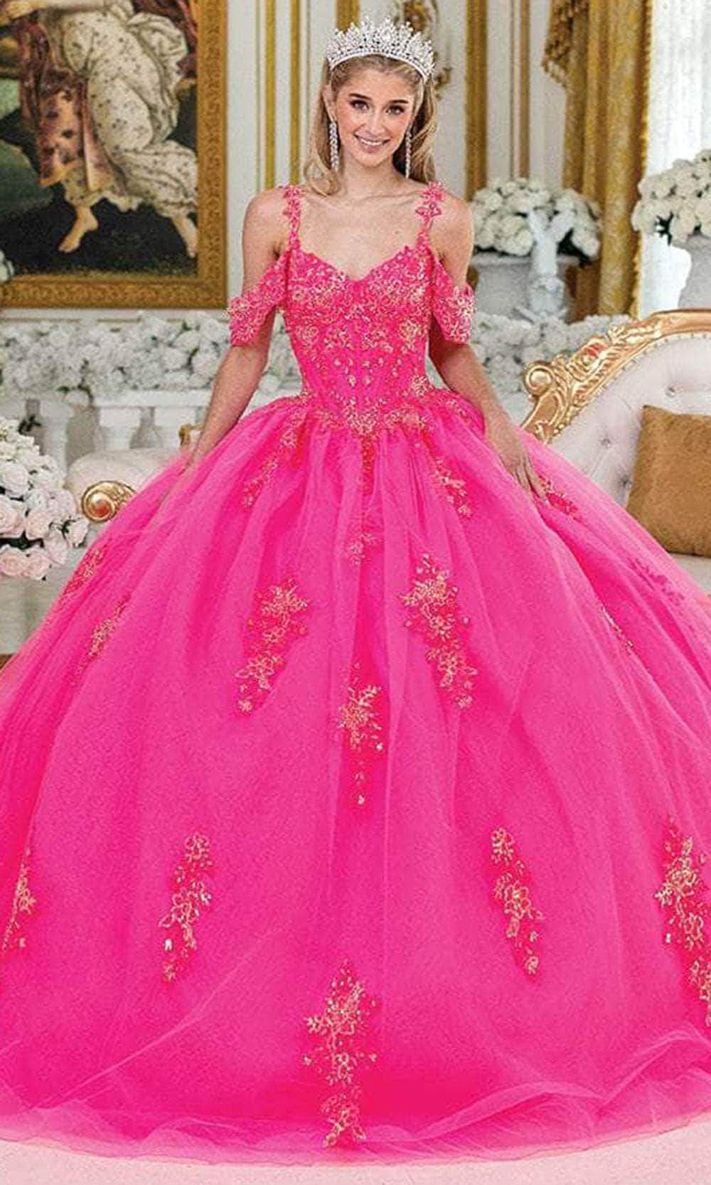 Dancing Queen 1983 - Beaded Bodice Off Shoulder Ballgown Quinceanera Dresses XS / Hot Pink