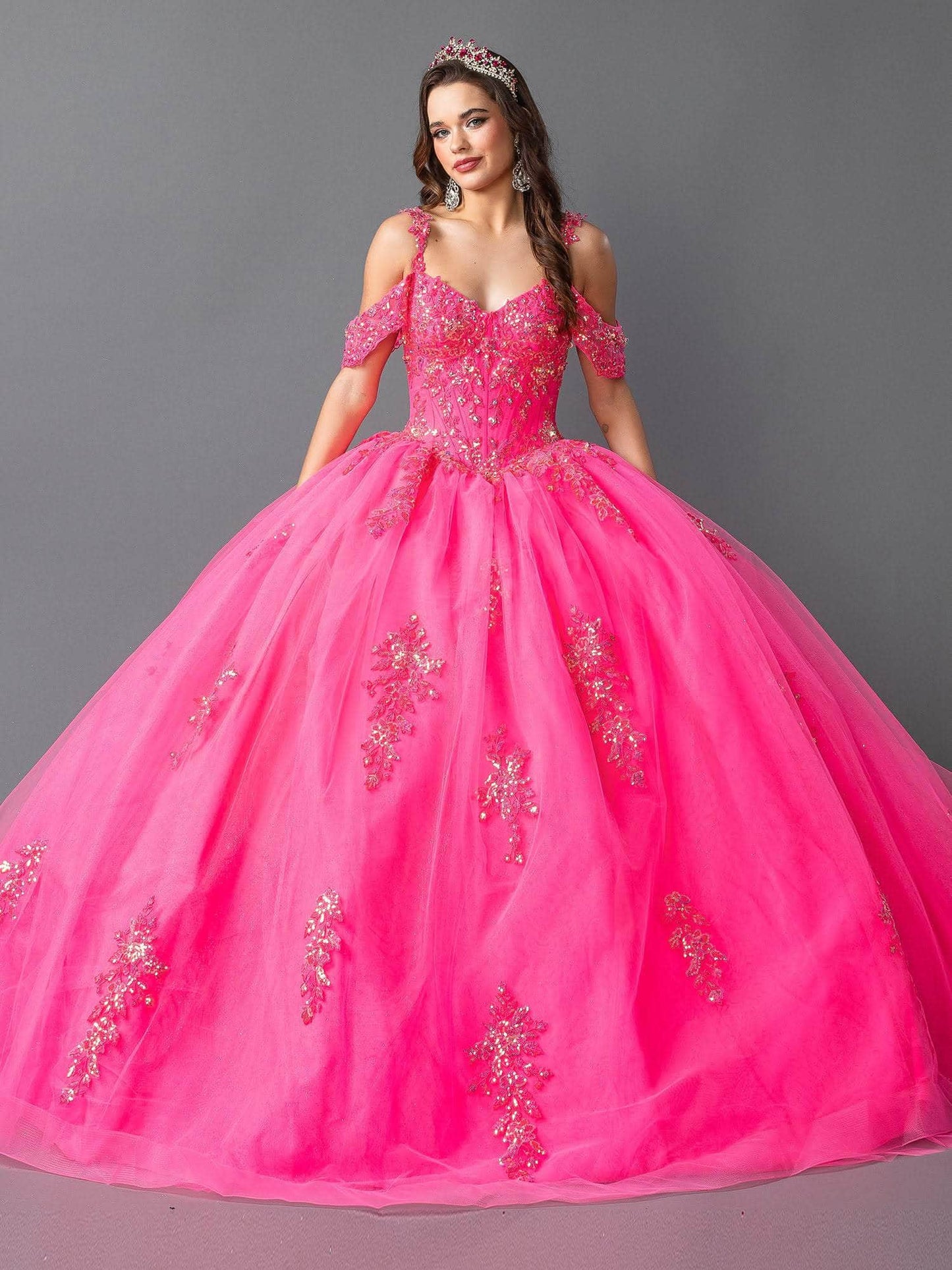 Dancing Queen 1983 - Beaded Bodice Off Shoulder Ballgown Quinceanera Dresses XS / Hot Pink