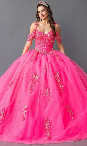 Dancing Queen 1983 - Beaded Bodice Off Shoulder Ballgown Quinceanera Dresses XS / Hot Pink