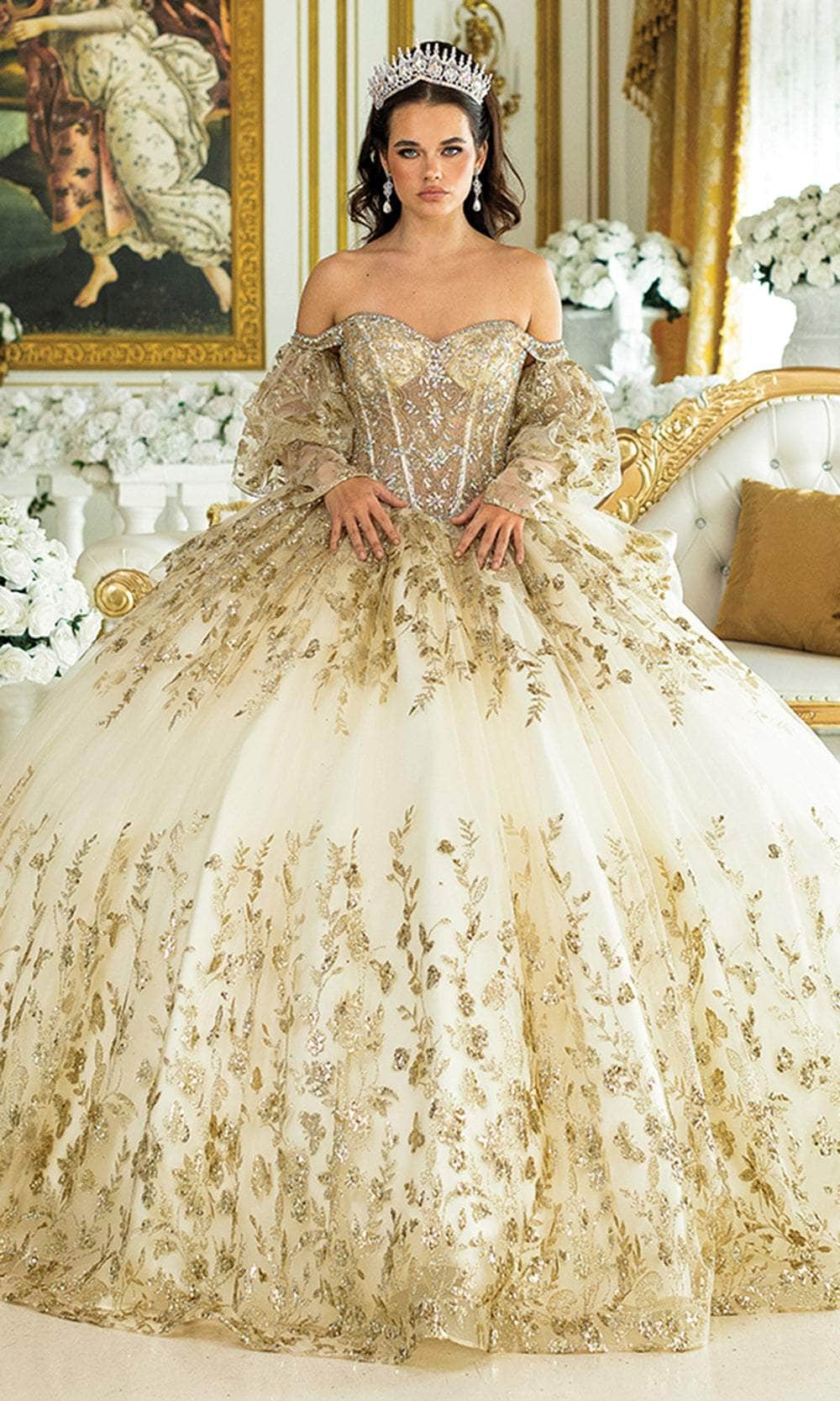 Dancing Queen 5019 - Beaded Embroidered Puff Sleeve Ballgown Quinceanera Dresses XS / Champagne