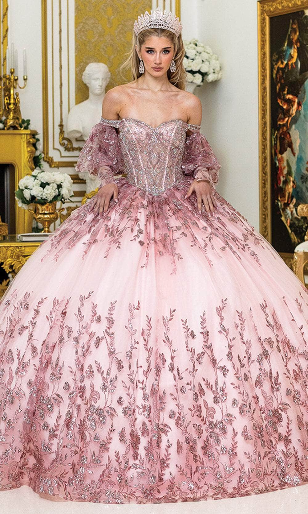 Dancing Queen 5019 - Beaded Embroidered Puff Sleeve Ballgown Quinceanera Dresses XS / Rose Gold