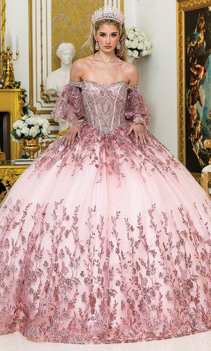 Dancing Queen 5019 - Beaded Embroidered Puff Sleeve Ballgown Quinceanera Dresses XS / Rose Gold