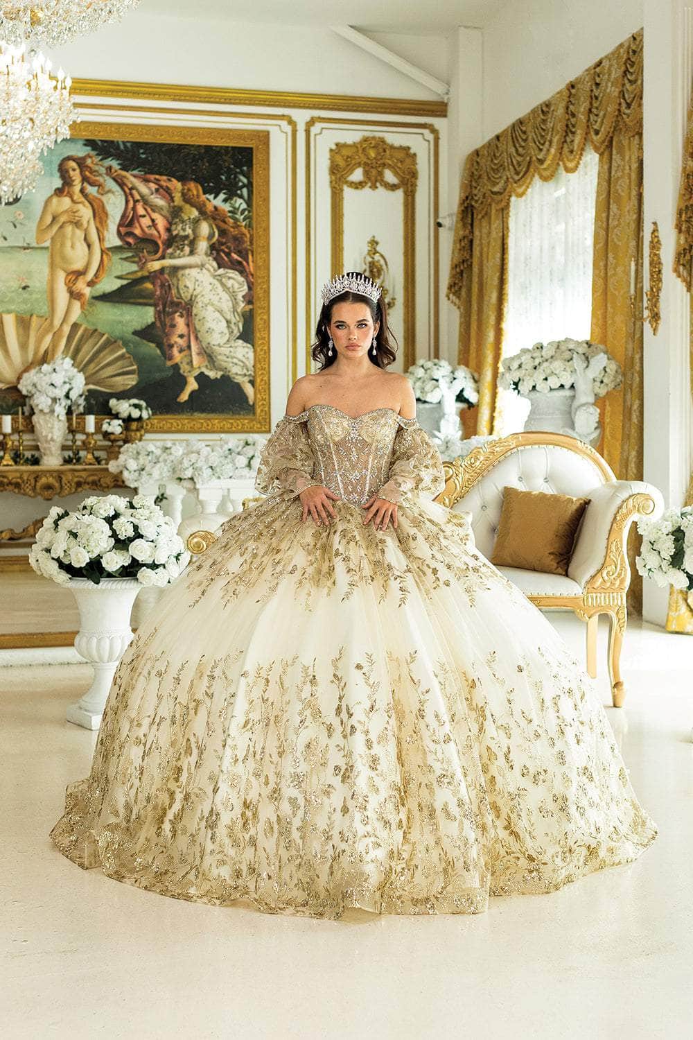 Dancing Queen 5019 - Beaded Embroidered Puff Sleeve Ballgown Quinceanera Dresses XS / Rose Gold