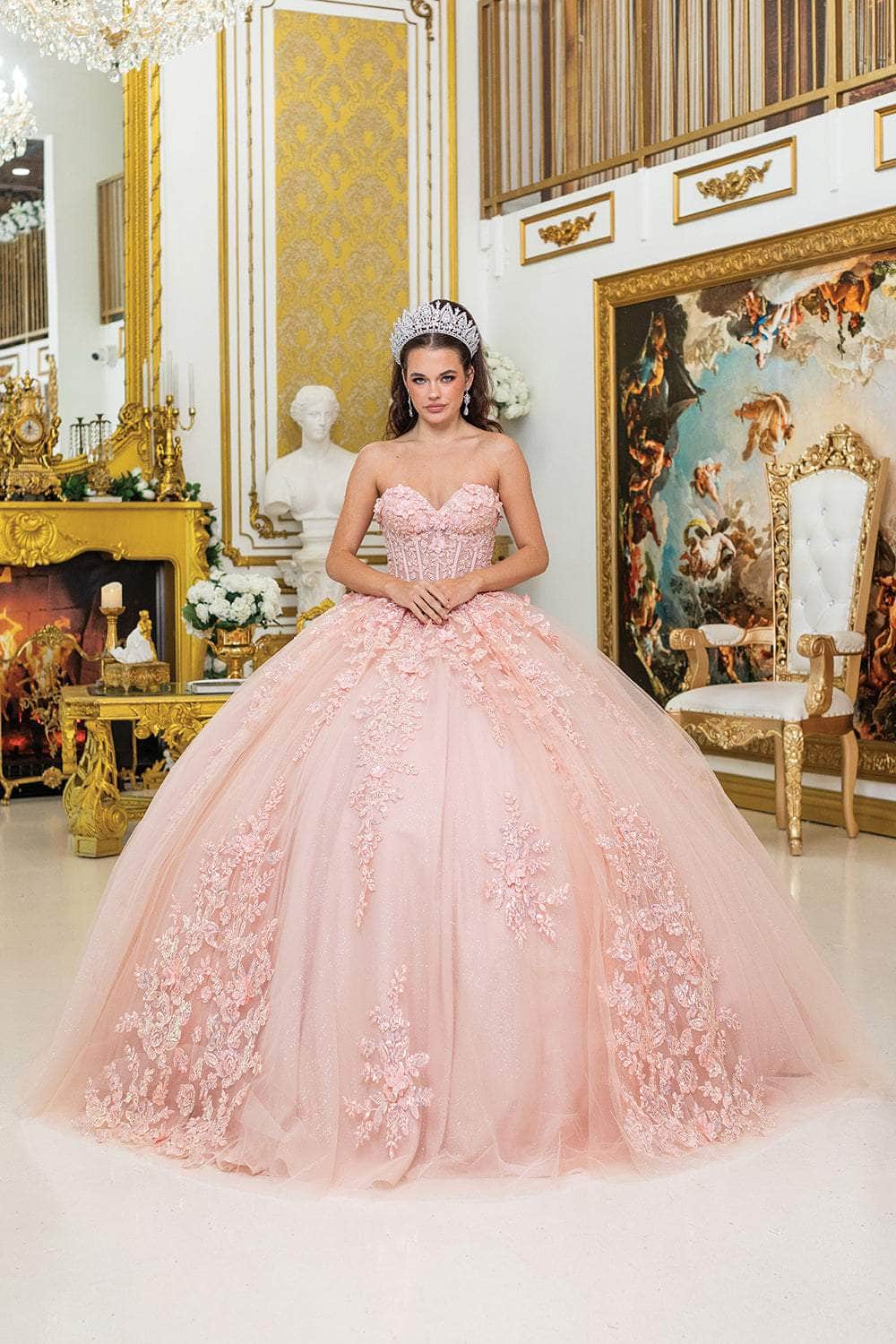 Dancing Queen 5027 - Lace Appliqued Strapless Tulle Ballgown Quinceanera Dresses XS / Blush