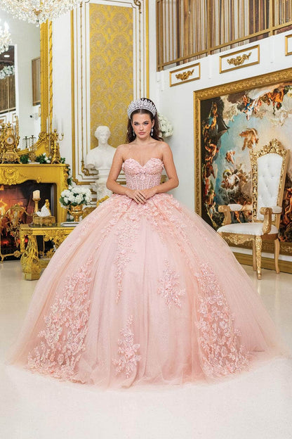 Dancing Queen 5027 - Lace Appliqued Strapless Tulle Ballgown Quinceanera Dresses XS / Blush