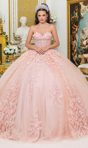 Dancing Queen 5027 - Lace Appliqued Strapless Tulle Ballgown Quinceanera Dresses XS / Blush