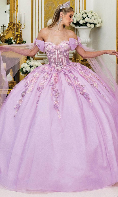 Dancing Queen 5036 - Embellished Off-Shoulder Ballgown with Sheer Cape Quinceanera Dresses XS / Blush