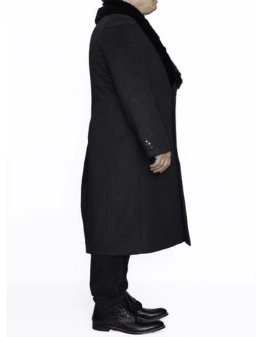 Removable Fur Collar Dark Charcoal Grey Ankle length Wool Dress Top Coat/Overcoat - Mens Overcoat