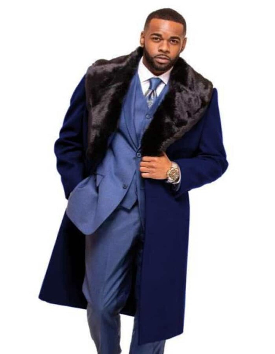 Men's Dark Navy Blue Wool Overcoat with Fur Collar, Winter Coat for Male