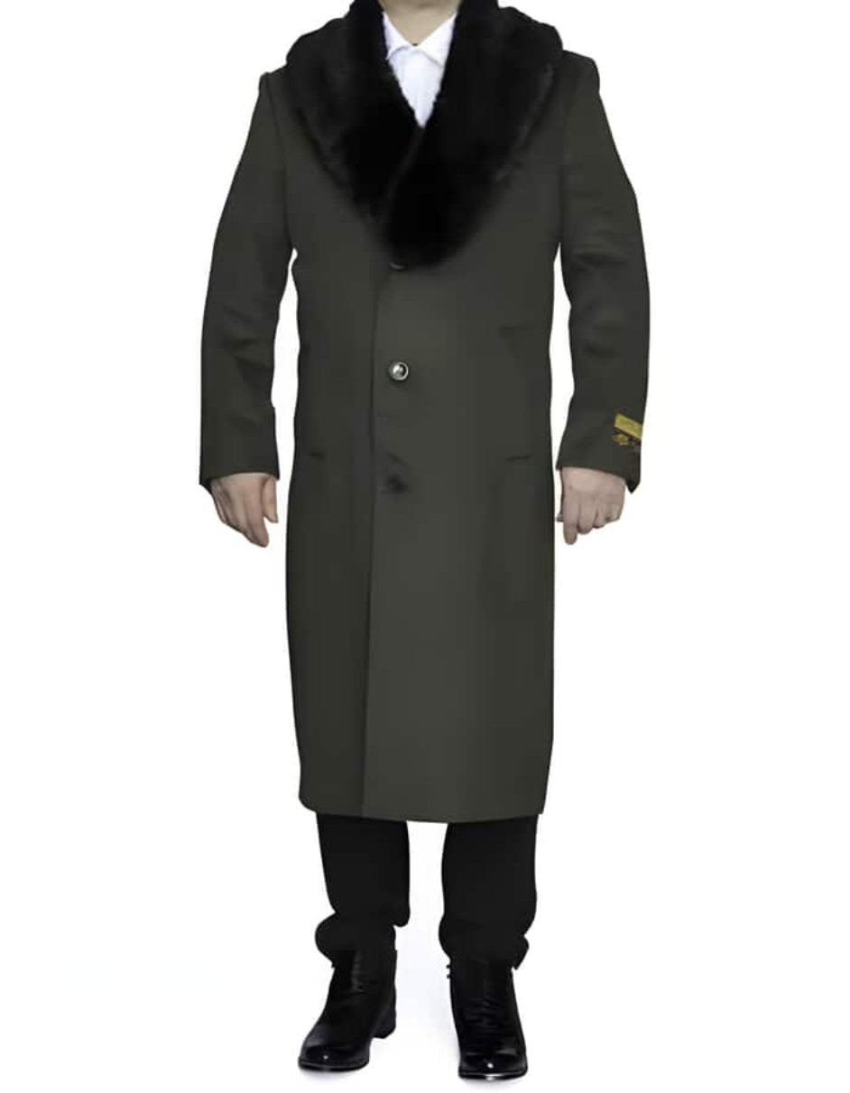 Removable Fur Collar Ankle length Wool Dark Olive Green Top Coat/Overcoat | Winter men's Topcoat Sale - Men's Tuxedo USA