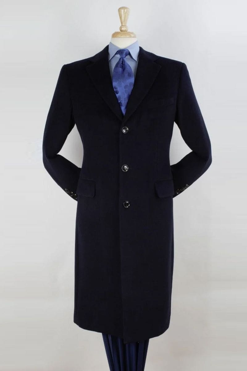 Pure Wool Full-Length Mens Navy Overcoat  Classic Winter Dress Coat