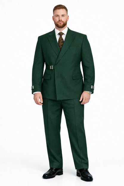 Mens Designer Tailored Fit Hunter Green Double Breasted Wool Suit with Metal Buckle Closure