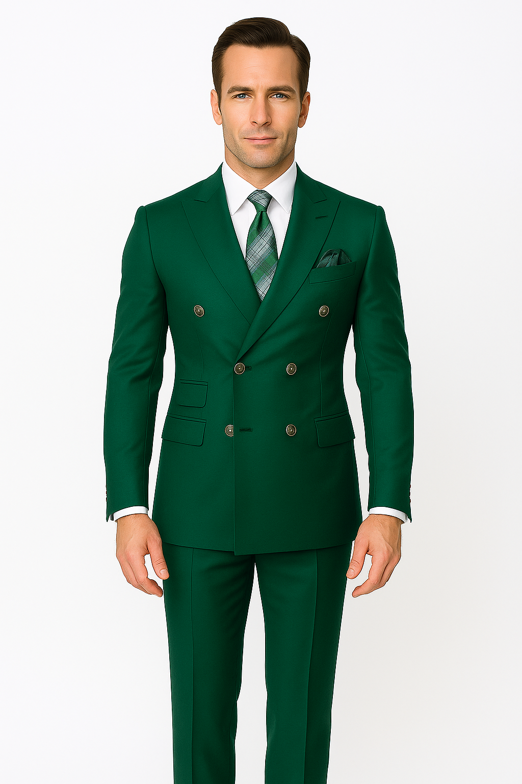 Mens Designer Modern Fit Double Breasted Wool Suit with Gold Buttons in Hunter Green