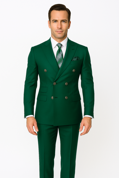Mens Designer Modern Fit Double Breasted Wool Suit with Gold Buttons in Hunter Green