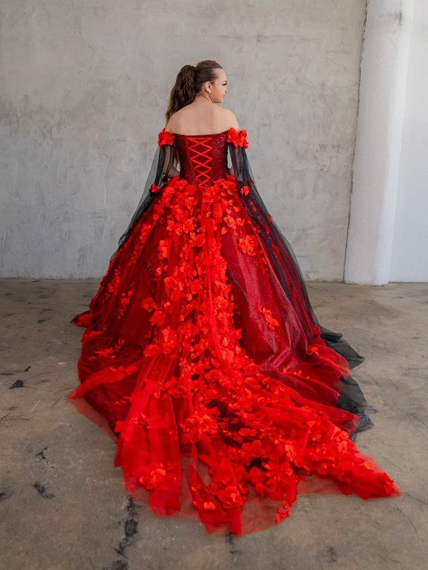 Floral Quinceanera Dress Off-Shoulder Cape Sleeve Ball Gown by Calla SCL-30007