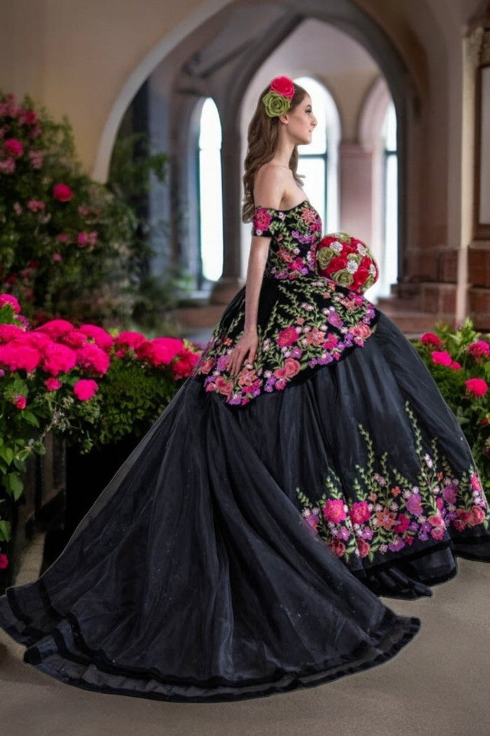 Black Floral Charro Quinceanera Dress Off-Shoulder Ball Gown by Calla SCL30016