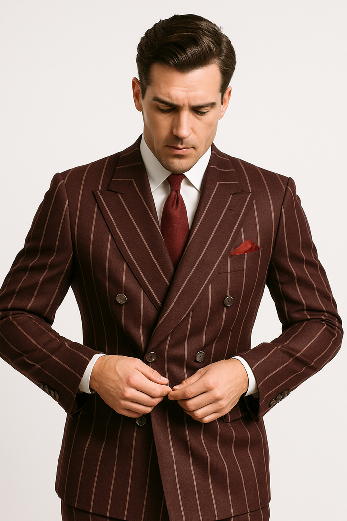 Burgundy Pinstripe Suit - Mens 1920s Gangster Pinstripe Suit - Style Chalk Pinstripe