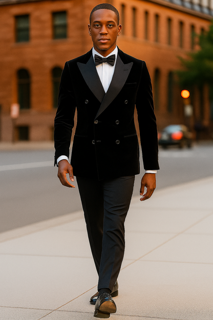 Double Breasted Six Button Black Velvet Tuxedo