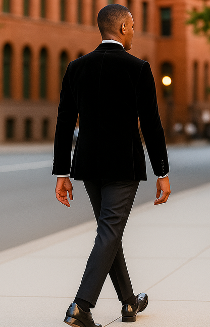 Double Breasted Six Button Black Velvet Tuxedo