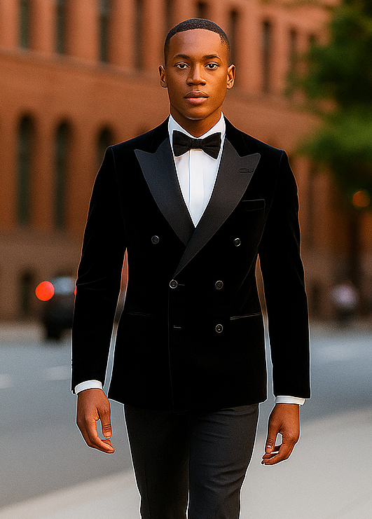 Double Breasted Six Button Black Velvet Tuxedo