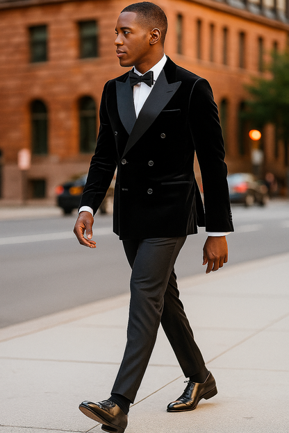 Double Breasted Six Button Black Velvet Tuxedo