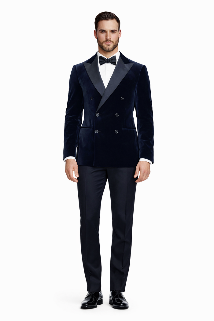 Double Breasted Six Button Black Velvet Tuxedo