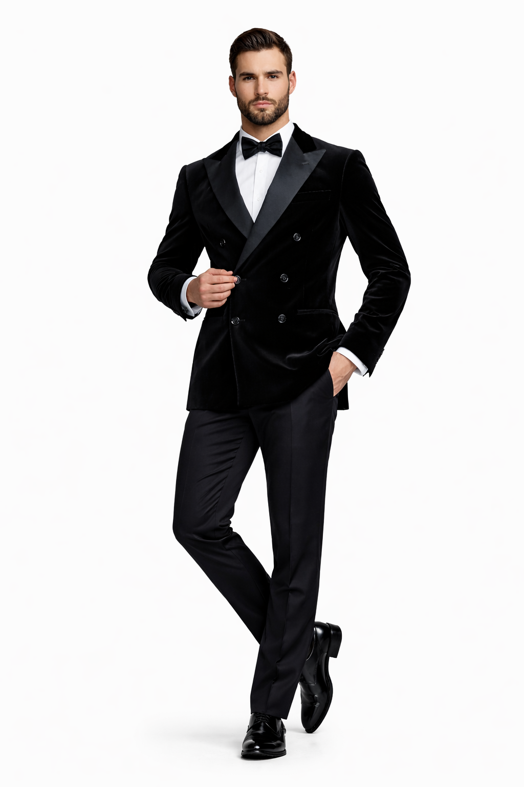 Double Breasted Six Button Black Velvet Tuxedo