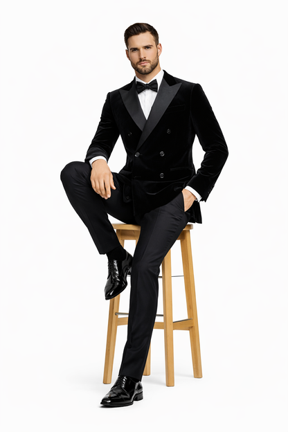 Double Breasted Six Button Black Velvet Tuxedo