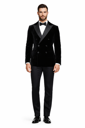 Double Breasted Six Button Black Velvet Tuxedo