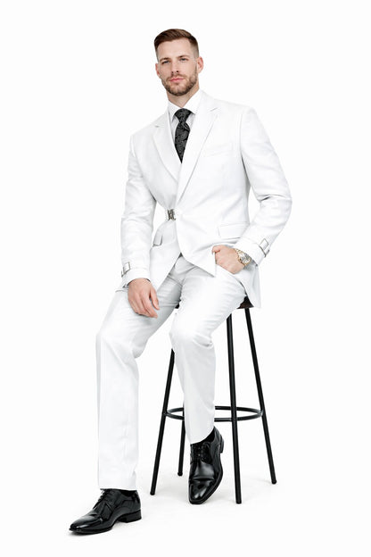 Men’s White Double Breasted Wool Suit with Designer Tailored Formal Set Metal Buckle Closure