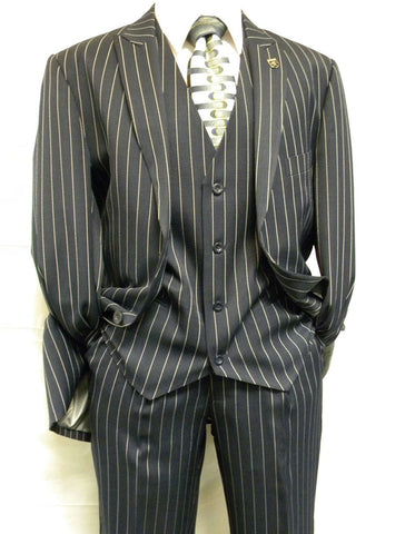 Mens Gangster Pinstripe 2 Button Double Breasted Vest Suit in Black