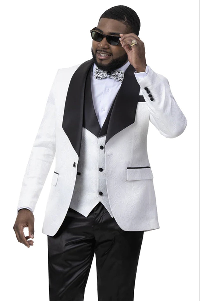 Mens Vested Square Shawl Paisley Prom & Wedding Tuxedo Jacket & Vest in White & Black