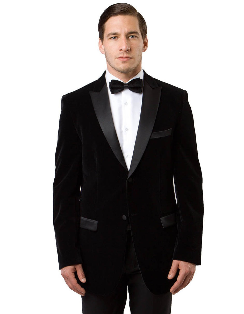 Mens Peak Lapel Velvet Tuxedo Jacket in Black