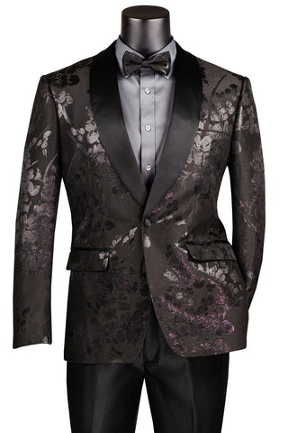 Men's Shiny Foil Floral Paisley Prom & Wedding Tuxedo Jacket in Black