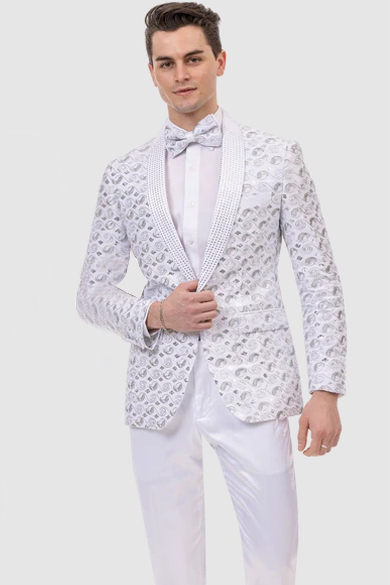 Mens Moder Silver Sequin Swirl Prom Tuxedo Jacket in White