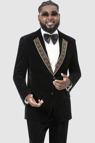 Mens Modern Fit Velvet Tuxedo Suit with Gold Sequin Lapel Embellishment in Black