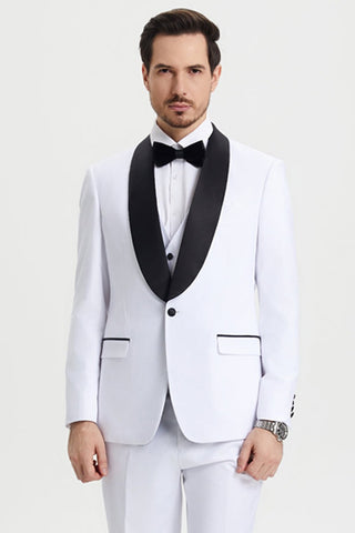 Men's Stacy Adams Vested One Button Shawl Lapel Designer Tuxedo in White