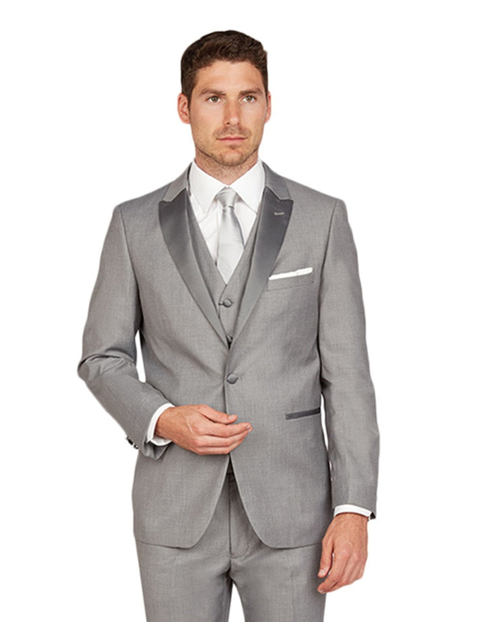 Mens Vested One Button Peak Lapel Tuxedo in Light Grey - Mens Slim Fitted Tuxedo - Men's Tuxedo USA