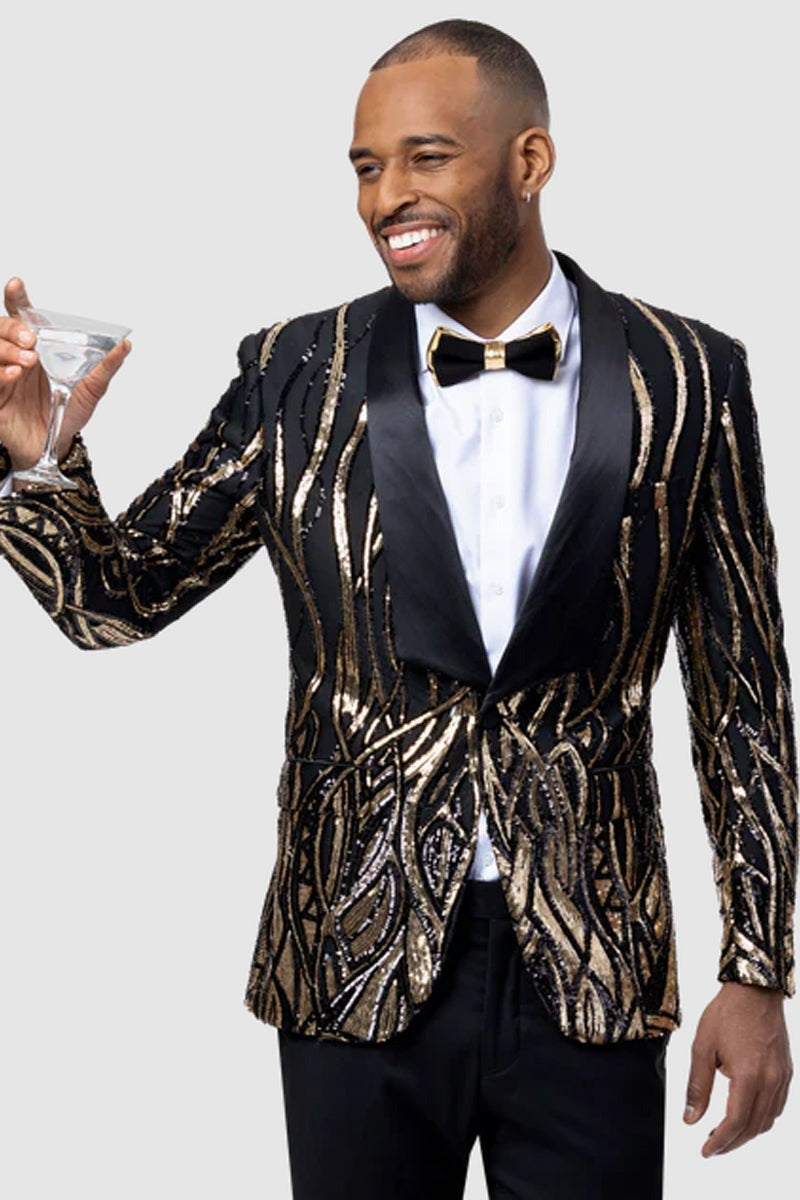 Mens Square Shawl Lapel Black & Gold Sequin Prom Tuxedo Jacket