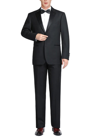 Mens Traditional Two Button Classic Fit Notch Lapel Wool Tuxedo Package in Black