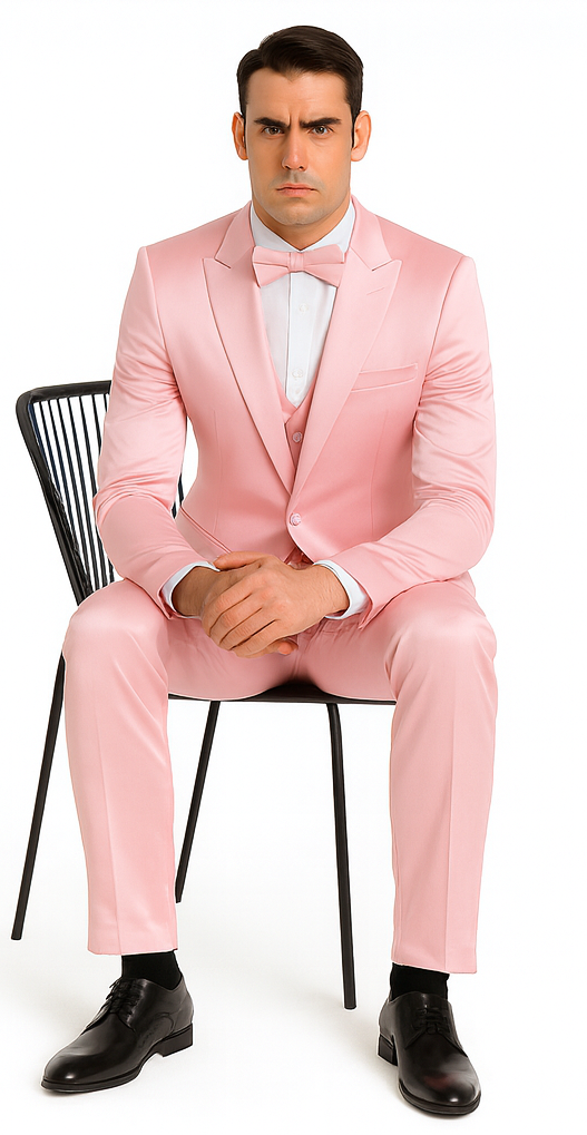 Tazzio Men's Dusty Rose Satin Double Breasted 3 Piece Slim Fit Suit with Peak Lapel  Elegant Formalwear