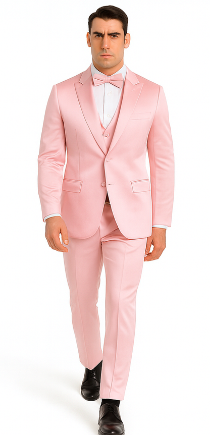 Tazzio Men's Dusty Rose Satin Double Breasted 3 Piece Slim Fit Suit with Peak Lapel  Elegant Formalwear